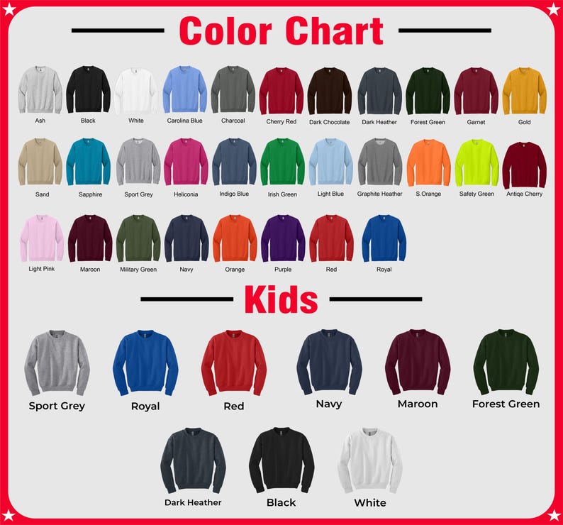 Op de afbeelding: Een kleurenkaart met een verscheidenheid aan sweatshirtkleuren, waaronder Ash, Black, White, Carolina Blue en meer. De kaart bevat ook een "Kids"-sectie met extra kleuropties.