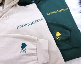 Roman Numeral Couple Matching Hoodies, Custom Embroidered Anniversary Sweater, Personalised Date Matching Hoody, Long Distance Couple Gifts