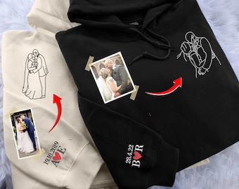 Personalised Embroidered Portrait from Photo Hoodie, Custom Outline Photo Couple Matching Hoodies, Hoodie with Picture, Anniversary Gifts