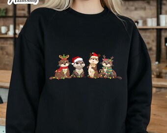 Christmas Light Otters-sweater, Otter Lovers gedrukt kerstsweater, Xmas Sea Animal-sweater met verlichting, kerstcadeau voor hem