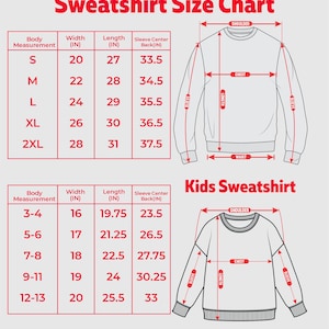 Op de afbeelding: Maattabel voor sweatshirts met afmetingen in inches voor volwassenen en kinderen. Bevat lichaams-, breedte-, lengte- en mouwcentrum-rugmetingen. De volwassen maten vari&euml;ren van S tot 2XL en de kindermaten zijn voor de maten 3-13.