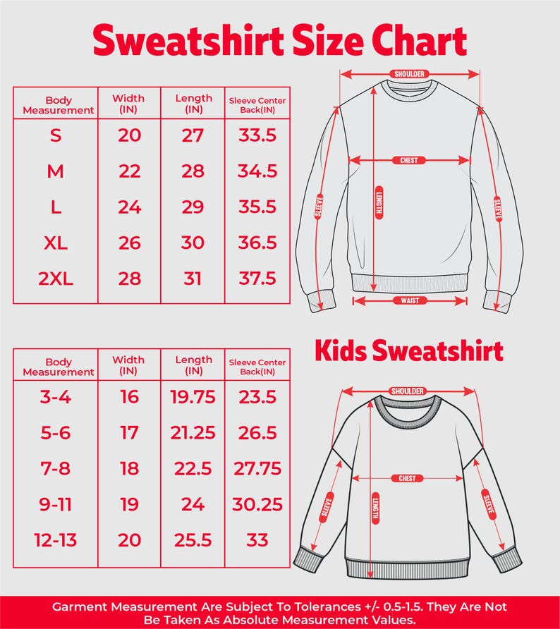 Op de afbeelding: Maattabel voor sweatshirts met afmetingen in inches voor volwassenen en kinderen. Bevat lichaams-, breedte-, lengte- en mouwcentrum-rugmetingen. De volwassen maten vari&euml;ren van S tot 2XL en de kindermaten zijn voor de maten 3-13.