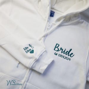 Custom Embroidered Bride Hoodie, Personalized Bride Zip Up, Wifey Sweatshirt, Mr Mrs Anniversary Hoodies, Perfect Bridal Shower Hen Do Gifts