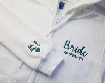 Sudadera con capucha bordada personalizada para novia, Sudadera con cremallera personalizada para novia, Sudadera para esposa, Sudaderas para aniversario de boda (Sr. y Sra.), Regalos perfectos para despedida de soltera