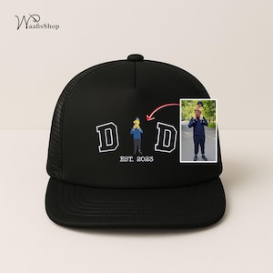 Custom Embroidered Portrait Dad Hat, Personalised Dad and Me Sketch Trucker Cap, Father&#39;s Day Present, Portrait from Photo Hat, Gift for Dad