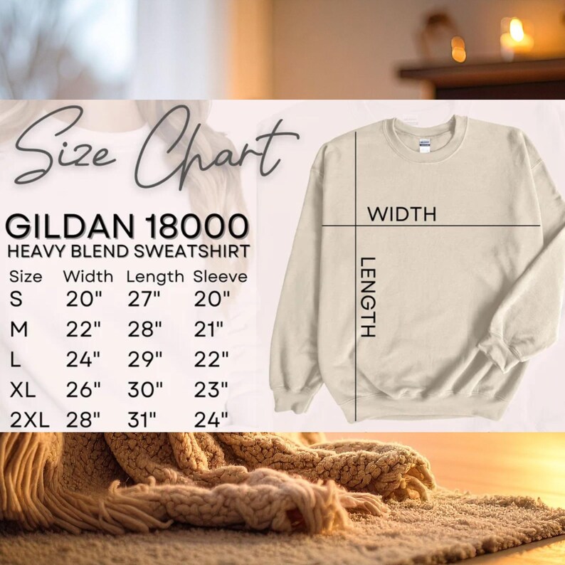 May include: A cream-colored Gildan 18000 heavy blend sweatshirt with a size chart. The chart lists measurements for sizes S to 2XL, including width, length, and sleeve length in inches. The sweatshirt is displayed on a light background.
