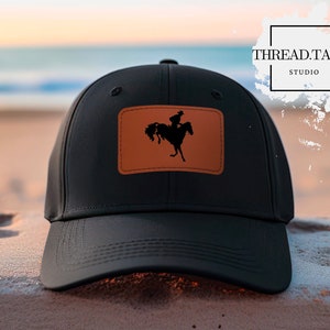 Cowboy Riding Bucking Bronco Leather Patch Hat - Western Style Cap - Rodeo Cowboy Hat - Western Fashion Accessory - Roundup Hat - Cowgirl