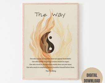 Yin and Yang in Flames Minimalist Digital Art Poster with Tao Te Ching Quote