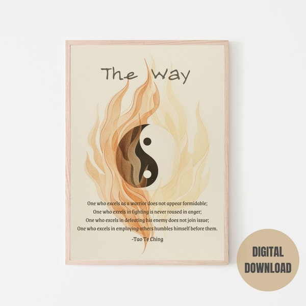 Yin and Yang in Flames Minimalist Digital Art Poster with Tao Te Ching Quote