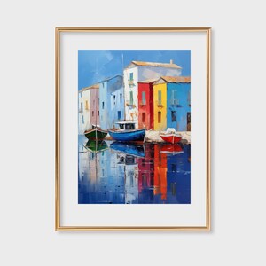 Colorful Harbor Boats Art Print, Vibrant Water Reflections Digital Painting, Nautical Home Decor, Printable | 107