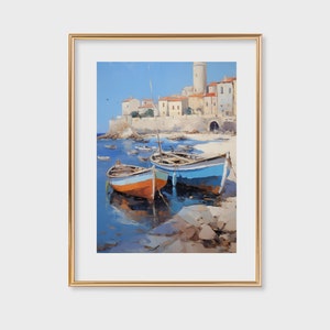Coastal Town Harbor Scene Art Print, Seaside Boats with Historical Tower, Quiet Harbor Digital Painting | 103