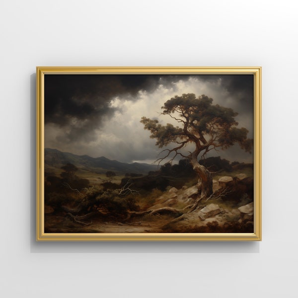 Brooding Landscape Lone Tree Painting - Dramatic Sky Nature Print for Living Room Decor | 185