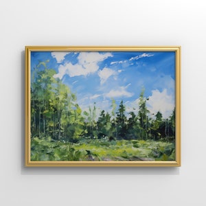 May include: A framed oil painting depicting a forest scene with a bright blue sky and fluffy white clouds. The trees are a mix of green and brown, and the ground is covered in green grass.