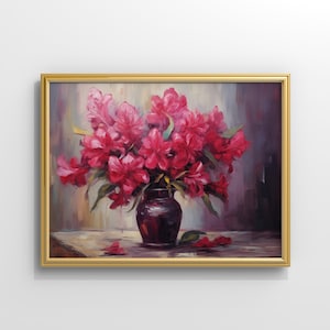 Lush Rhododendron Blossoms Art Print, Vibrant Red Floral Digital Painting, Elegant Printable Home Decor, Spring | 166