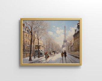 Snowy Paris Street Art Print - Eiffel Tower Winter Scene, Vintage Cityscape, Printable French Decor | 122