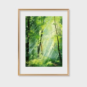 Sunrays in Forest Art Print - Lush Woodland Light, Peaceful Nature Scene, Printable Green Decor | 116