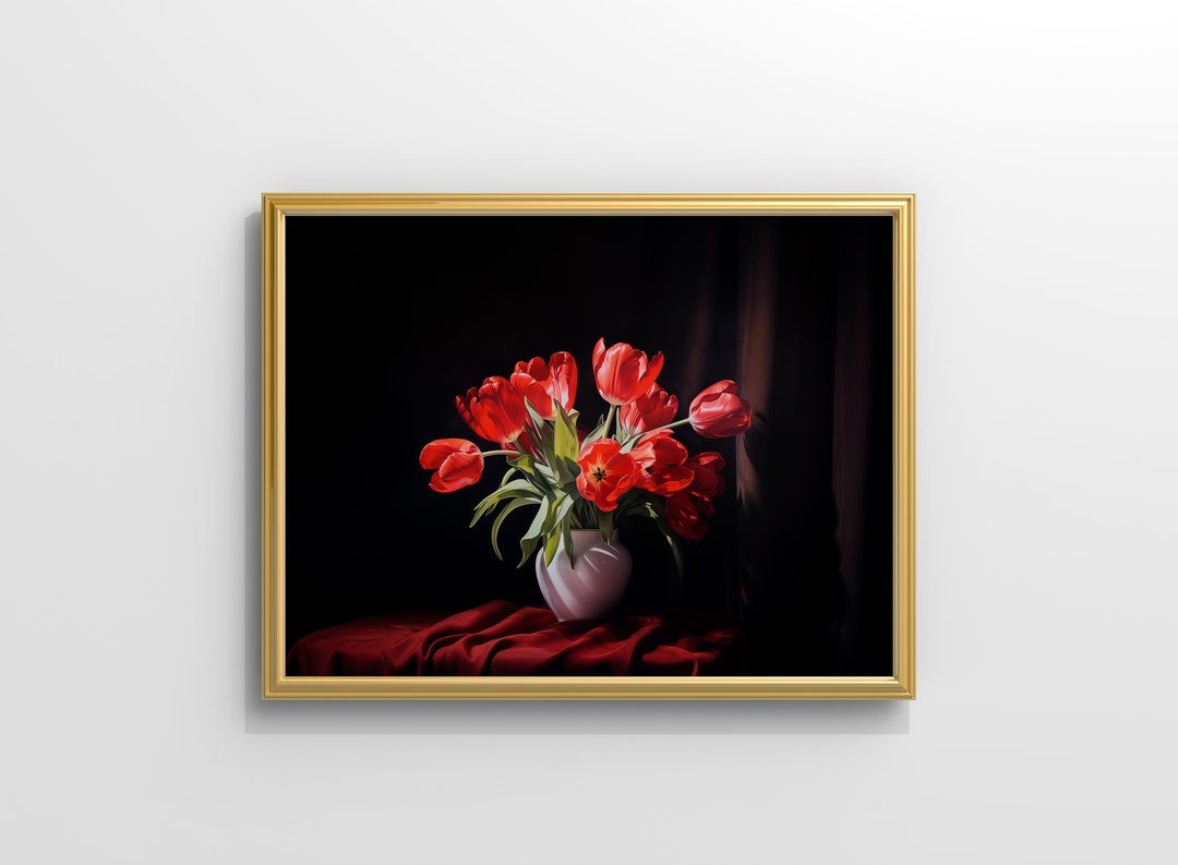 Elegant Tulip Bouquet Art Print - Bold Red Floral Drama, Printable ...