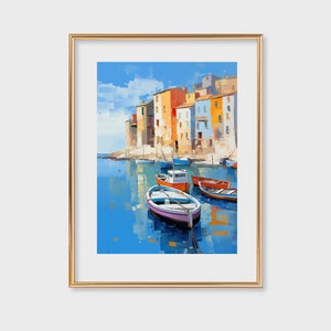 Bright Harbor Boats Art Print, Vibrant Seaside Town with Sunlit Waters, Tranquil Coastal Scene, Printable | 102