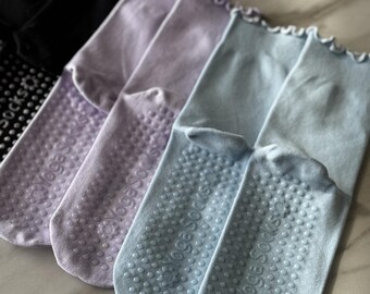 Cozy Combed Cotton Grip Socks with Frilly Trim, Non-Slip Pilates Crew Sock