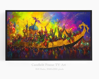 May include: A colorful painting of a festive parade with people in costumes riding on a golden boat. The scene is filled with confetti and fireworks, creating a vibrant and celebratory atmosphere.
