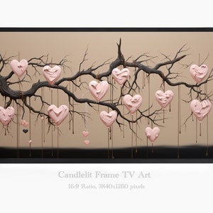 Frame TV Art, Samsung Frame TV Art, The Frame TV Art, Valentines Day art, Hearts on Branch, Pink Hearts Oil painting, Pink Hearts, Print 111