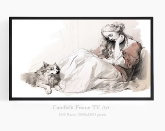 Frame TV Art, Femme avec illustration de chien, art Frame TV vintage, Téléchargement numérique, Art des tons sourds, Téléchargement Frame TV, Impression 30