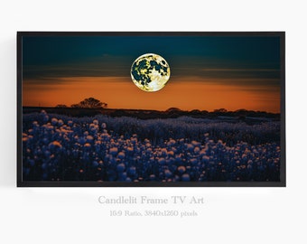 Frame TV Art, Samsung Frame TV Art, The Frame TV Art, Wildflowers at night art, Moon and Flowers Art, Nightscape Art, Abstract flowers, P150