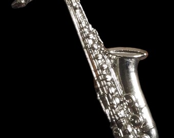 Silver Saxophone Instrument Pin Badge