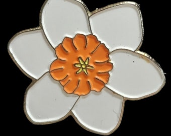 White and Orange Daffodil Flower Enamel Pin Badge