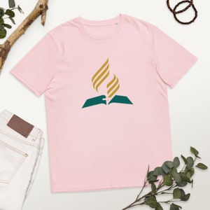 Seventh day adventist uniseks T-shirt van biologisch katoen met in het midden het symbool / logo van de zevendaags adventisten kerk.