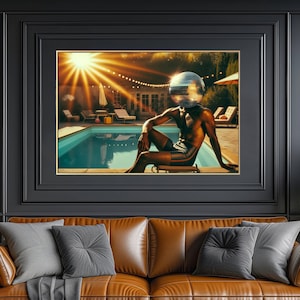 Cartel de bola de discoteca, decoración de cabeza de bola de espejo de moda, arte de pared de muy buen gusto, arte de fiesta de cóctel funky, foto de chico de piscina de despedida de soltera femenina