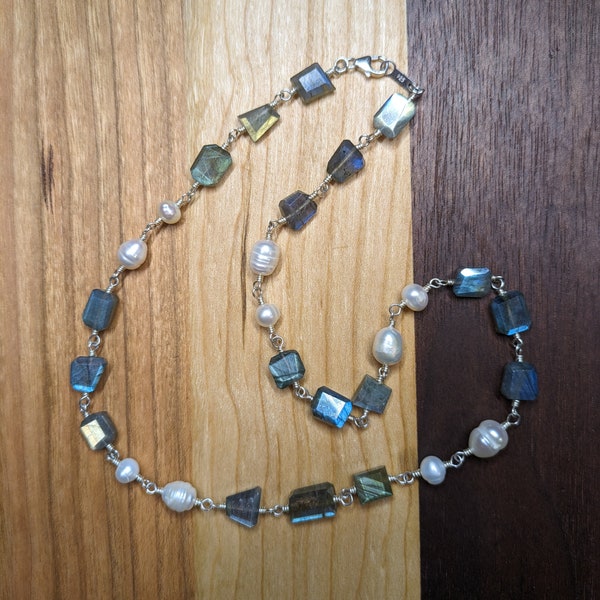 Flashy labradorite and freshwater pearl sterling silver handmade chain ooak statement necklace