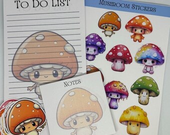 Cute Kawaii Mushroom Stickers and Notepad Bundle