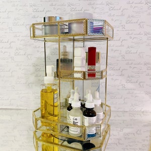 Organizador de maquillaje giratorio de vidrio premium / Vidrio templado con marco bajo / Diseño de carrusel de cuatro niveles para un elegante almacenamiento de cosméticos