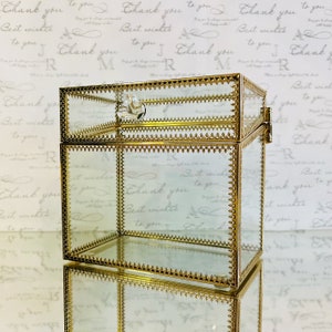 May include: A gold-toned glass display box with a hinged lid. The box has a decorative, ornate design around the edges. The box is empty.