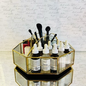 Glass Rotating Makeup Organizer: Tempered Glass & Brass Frame