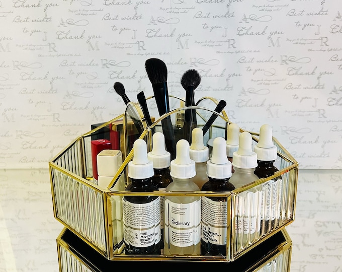 Glass Rotating Makeup Organizer: Tempered Glass & Brass Frame
