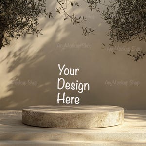 Digitaal mockup voor productpresentatie Podiumdisplay met achtergrondstandaards Rond digitaal mockup Lege podiumachtergrond natuursteen