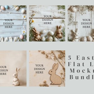 Ostern Flat Lay Mockup Bundle Pastellästhetische Produktdarstellung Frühlingsferien Hintergründe für Branding und digitale Designs Holzkulisse