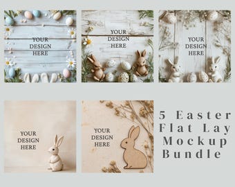 Easter Flat Lay Mockup Bundle Pastel Aesthetic Product Display Spring Holiday Backgrounds for Branding and Digital Designs Wooden Backdrop
