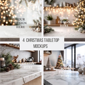 May include: Four Christmas tabletop mockups with marble surfaces, decorated with festive elements like pine branches, baubles, and fairy lights. Each mockup features a space to add your design, with the text "YOUR DESIGN HERE".