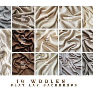 May include: 14 different flat lay backdrops featuring various shades of brown, beige, and gray woolen fabric. The fabric is arranged in a variety of folds and textures, creating a visually appealing and versatile backdrop for product photography.