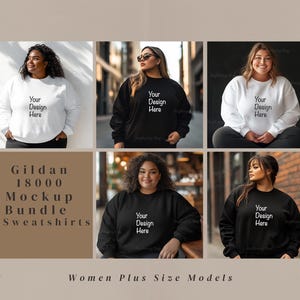 May include: Five women's sweatshirts in black and white, with the text "Your Design Here" printed on the front. The sweatshirts are shown on five different models.