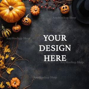 May include: A dark background with a variety of Halloween decorations, including pumpkins, fall leaves, and a witch's hat. The text "YOUR DESIGN HERE" is written in white in the center of the image.