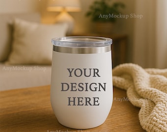 Maquette de gobelet à vin en acier inoxydable blanc, 12 oz, cadeau de maquette de gobelet imprimable, fichier numérique, affichage du produit pour sublimation, maison confortable