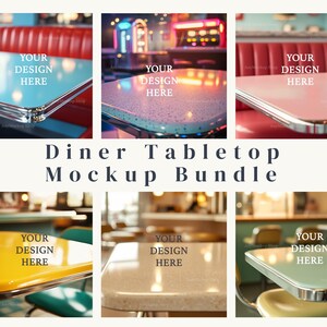 Könnte beinhalten: Ein Mockup-Paket mit sechs Diner-Tischplatten mit verchromten Kanten. Die Tischplatten sind in verschiedenen Farben, darunter Blau, Rosa, Gelb und Beige. Jede Tischplatte hat einen leeren Platz zum Hinzufügen eines Designs.