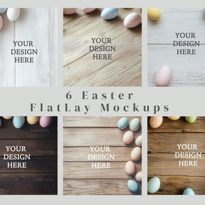 Könnte beinhalten: Sechs Mockups mit verschiedenen Holzhintergründen, auf denen pastellfarbene Ostereier an den Rändern verstreut sind. Der Text "YOUR DESIGN HERE" wird in der Mitte jedes Mockups angezeigt.