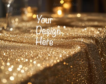 May include: A gold sparkly tablecloth with a blurred background of candles and glasses. The text "Your Design Here" is superimposed on the tablecloth.