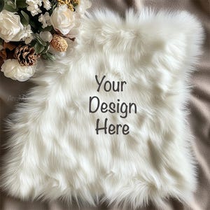 May include: White faux fur throw pillow with the text "Your Design Here" printed in black.