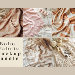 May include: A set of six fabric swatches in various textures and colors, including brown, pink, beige, and white. The swatches are arranged in a grid pattern on a wooden surface. The text "Boho Fabric Mockup Bundle" is displayed below the swatches.